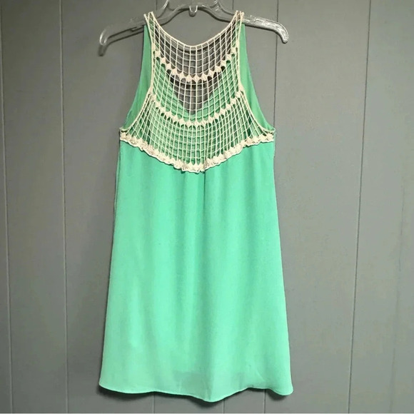 ILLA ILLA Green Sleeveless Swing Sundress Ivory Mesh Net Crochet Back Size Small - Picture 2 of 6